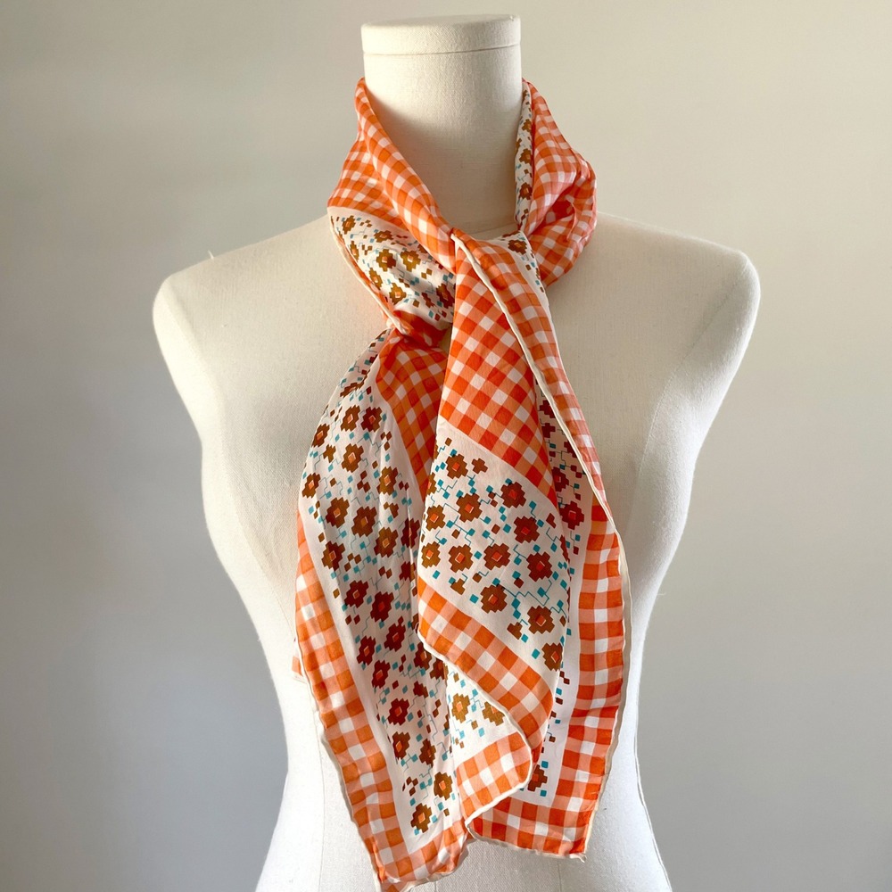 Gingham Silk Scarf Rectangle Orange Vintage Cottagecore Retro Folk Whimsy